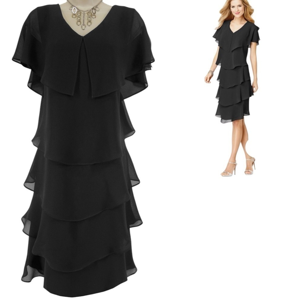 Patra Dress Womens 14 Tiered. Rhinestone Midi  Dress Evening Event Chiffon Black